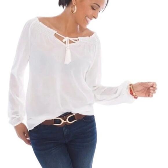 Chico's Women's White Boho Peasant Top Blouse with Tassels Size Small NWT - Picture 1 of 7
